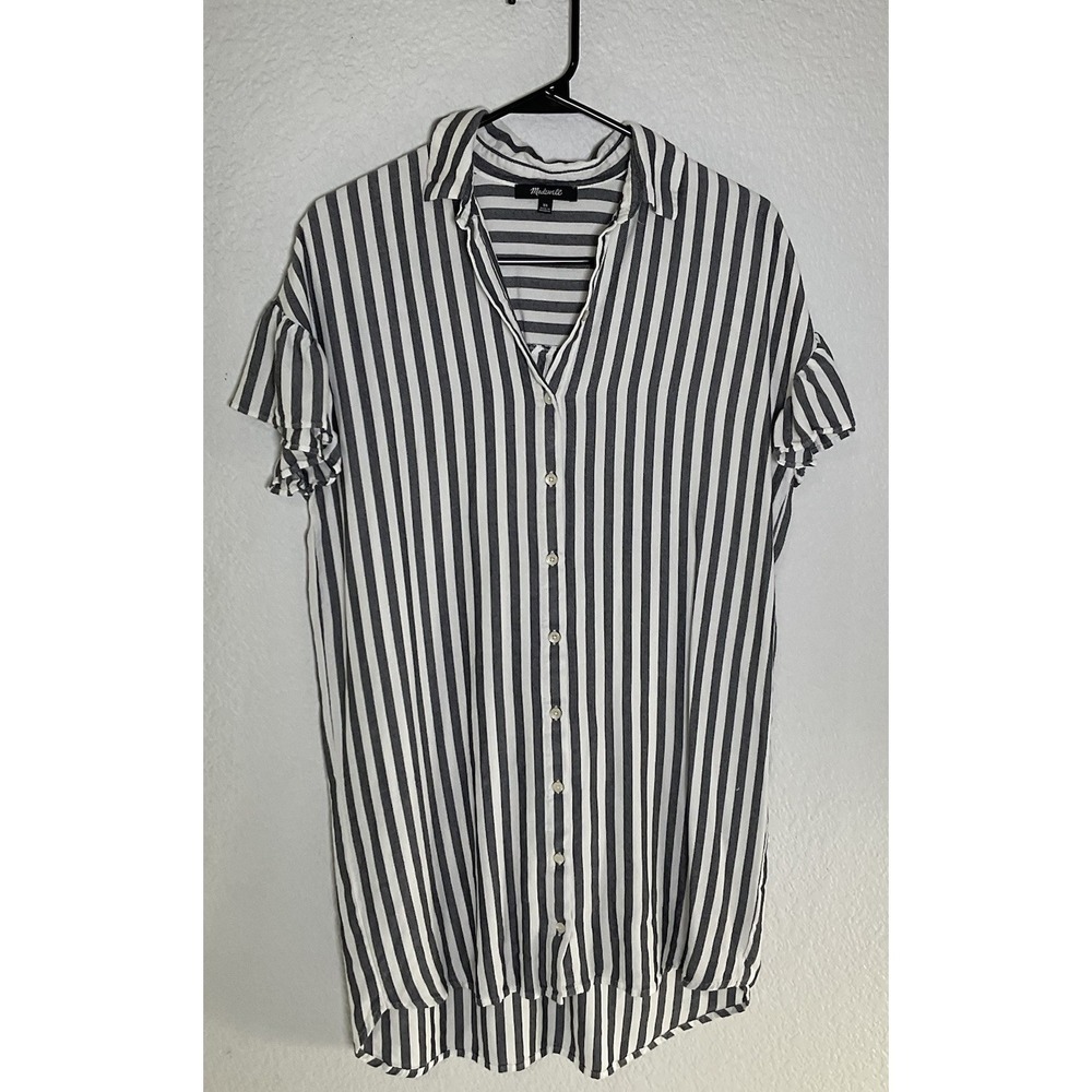 MADEWELL Shirt Dress XS Viscose Striped Button  Ruffle Cap Sleeve Blck White 189
